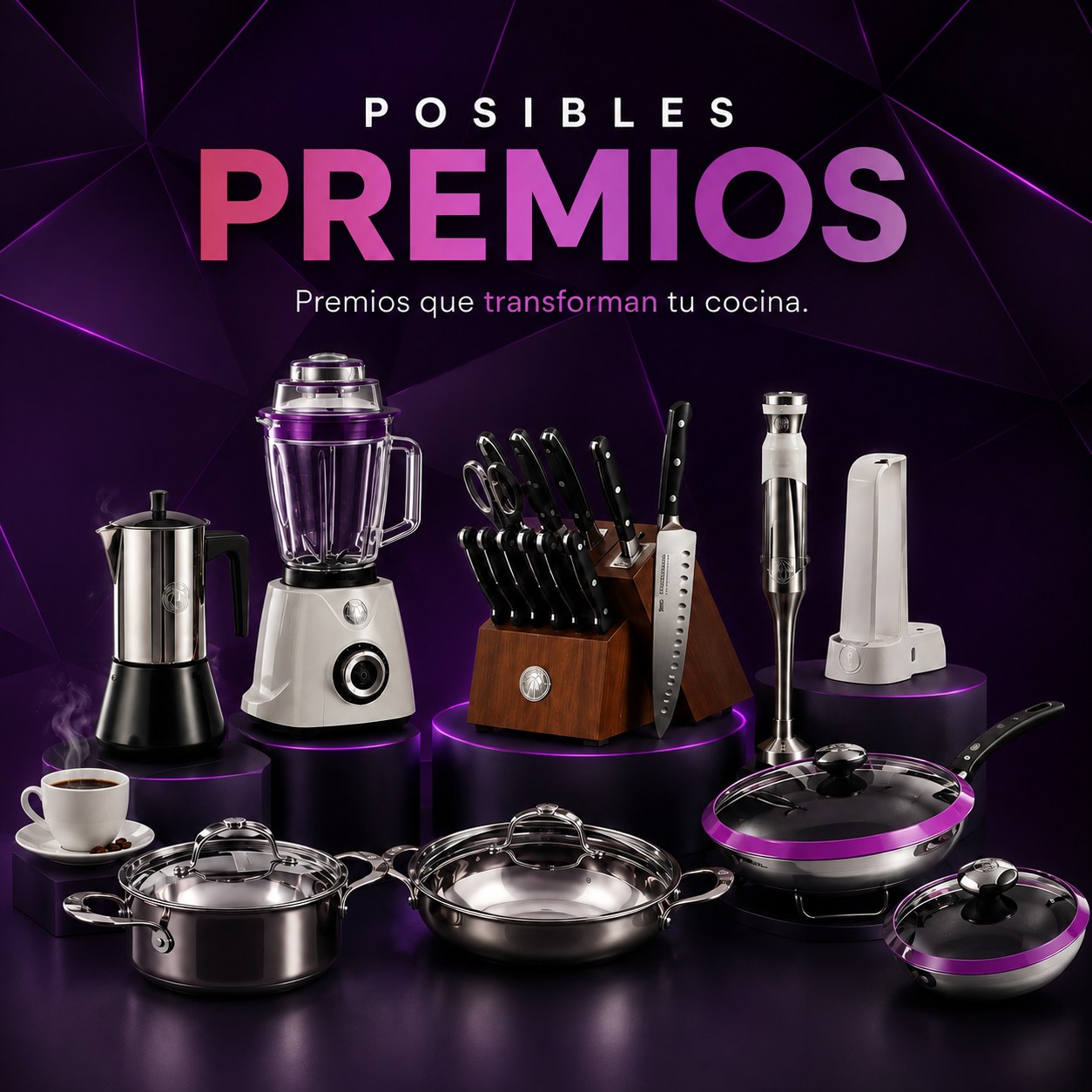 Posibles premios del programa Regala y Gana: cafetera, licuadora, juego de cuchillos, batidora de mano, ollas y sartenes
